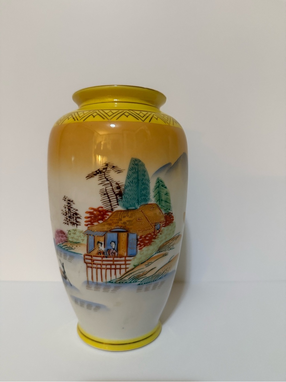 Hand painted post WWII Yellow and Multi-Color Asian Scenic Porcelain Vase